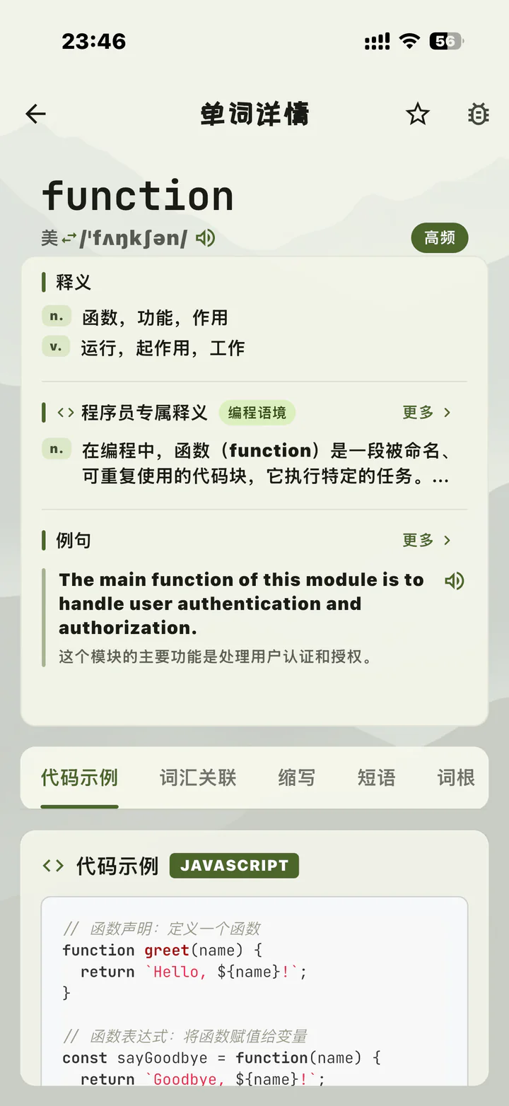 码背单词 function 单词详情页,展示基础释义、程序员专属释义、编程例句和代码示例